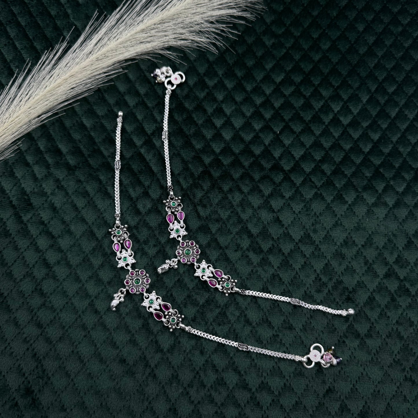 Handcrafted Oxidized Silver Payal Anklet with Pink & Green Stones – Traditional Ethnic Jewelry for Women