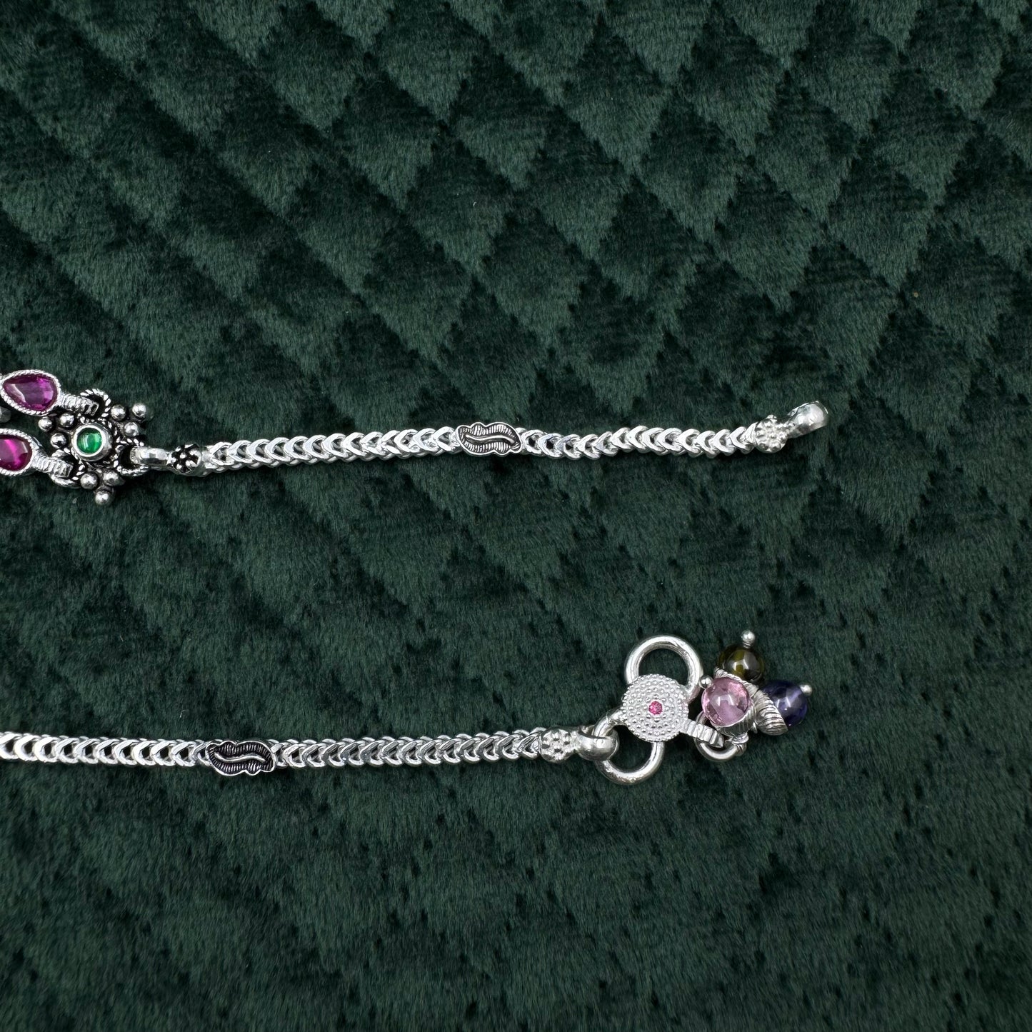 Handcrafted Oxidized Silver Payal Anklet with Pink & Green Stones – Traditional Ethnic Jewelry for Women