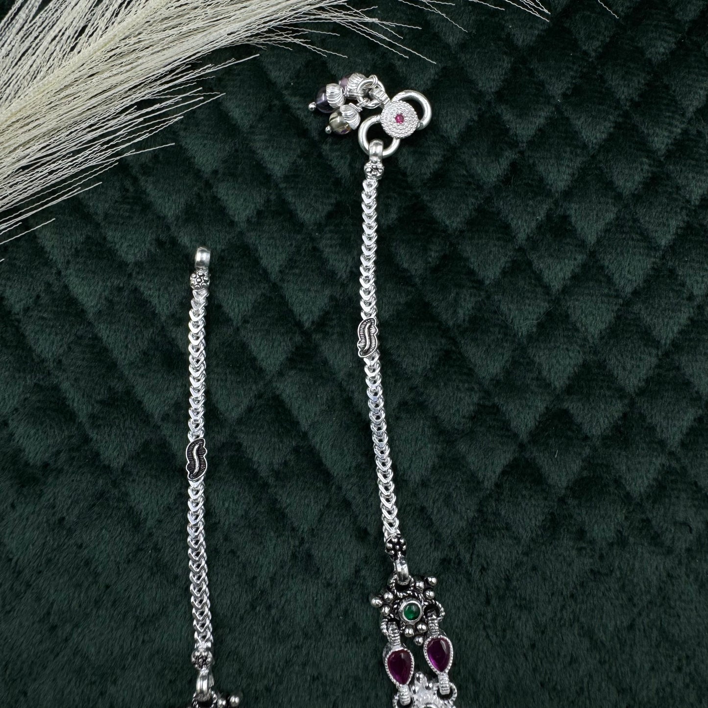 Handcrafted Oxidized Silver Payal Anklet with Pink & Green Stones – Traditional Ethnic Jewelry for Women