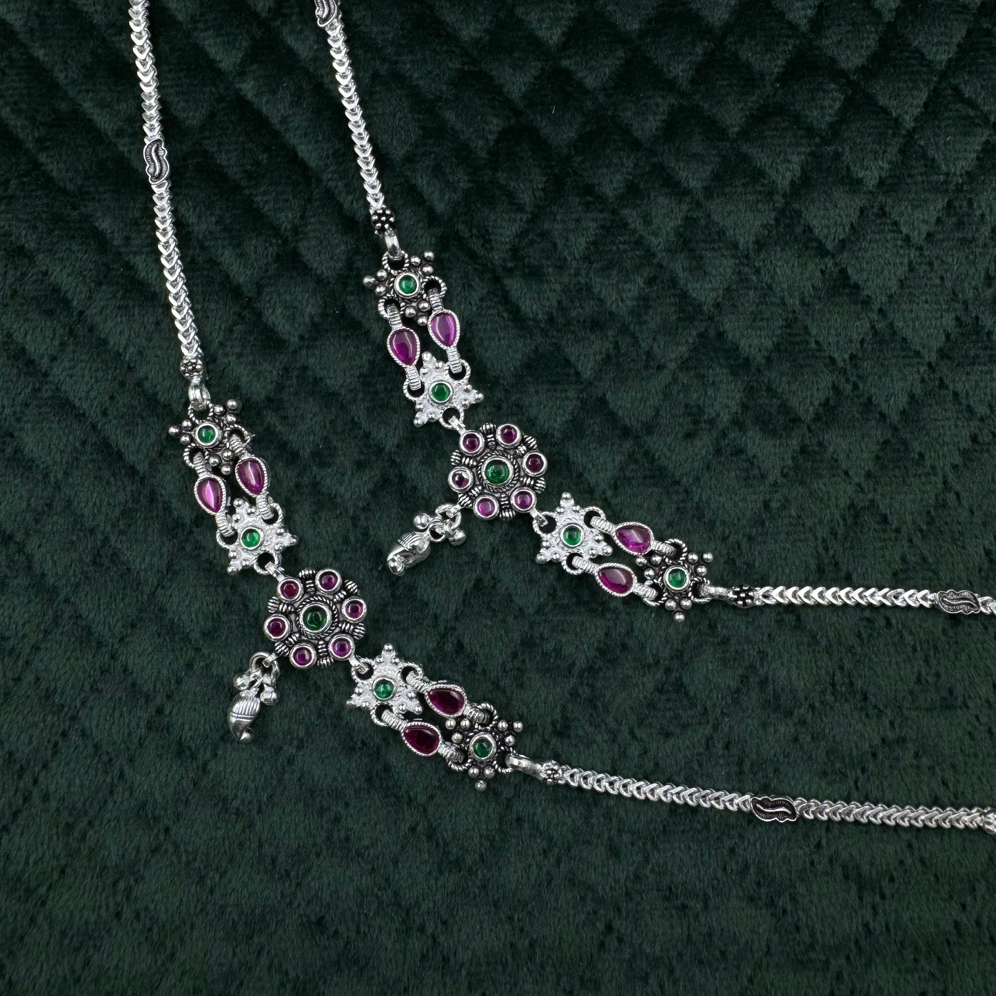 Handcrafted Oxidized Silver Payal Anklet with Pink & Green Stones – Traditional Ethnic Jewelry for Women