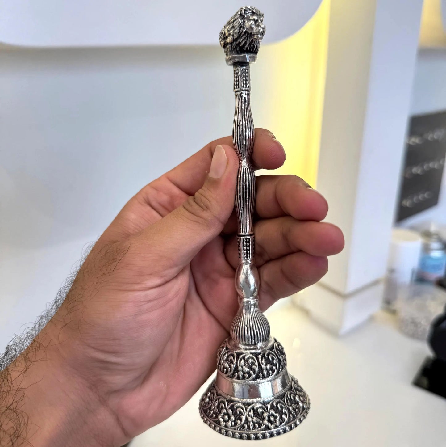 Handcrafted 925 Sterling Silver Lion Head Pooja Bell | Pure Silver Prayer Ghanti | Decorative Indian Temple Bell