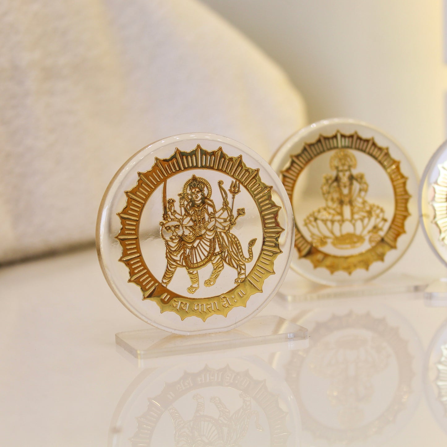 24k gold plated Hindu Acrylic Coin Decor: Shiva, Durga, Lakshmi Art (One Piece only)