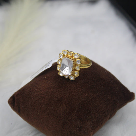 Handmade 925 Silver Polki Ring | Adjustable Polki Style | Vintage Gold Finish Indian Ethnic Jewelry
