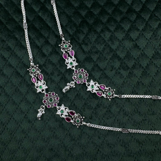 Handcrafted Oxidized Silver Payal Anklet with Pink & Green Stones – Traditional Ethnic Jewelry for Women