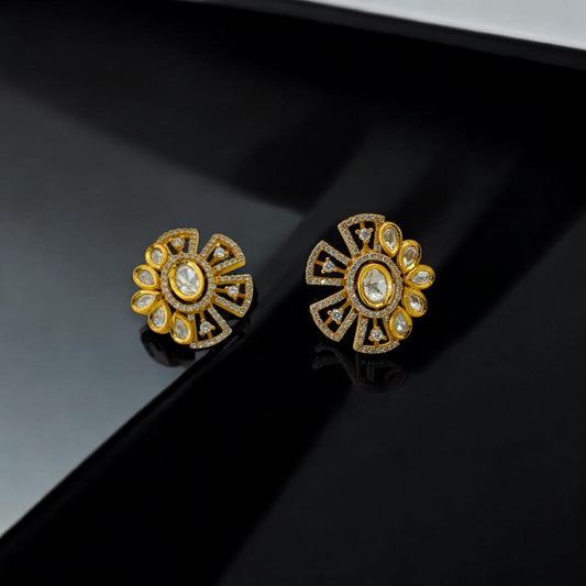 Sterling Silver Gold Polish Sunburst Stud Earrings | Elegant Floral Kundan Stones Jewelry for Special Occasions