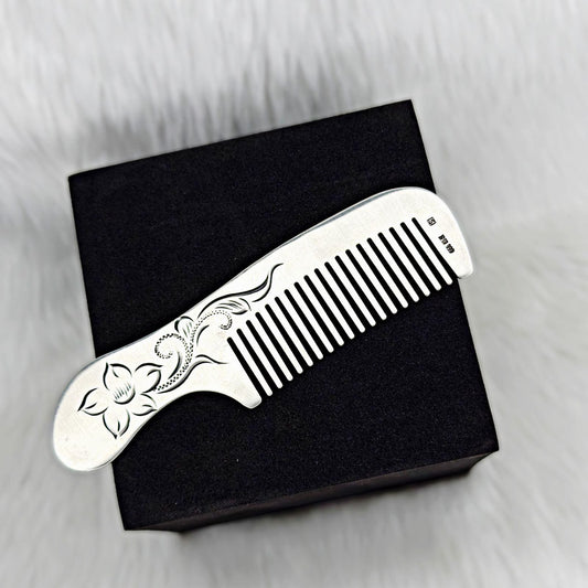 Handcrafted 925 Silver Hair Comb | Engraved Antique Floral Design for Elegant Gifting | Luxury Grooming Accessory