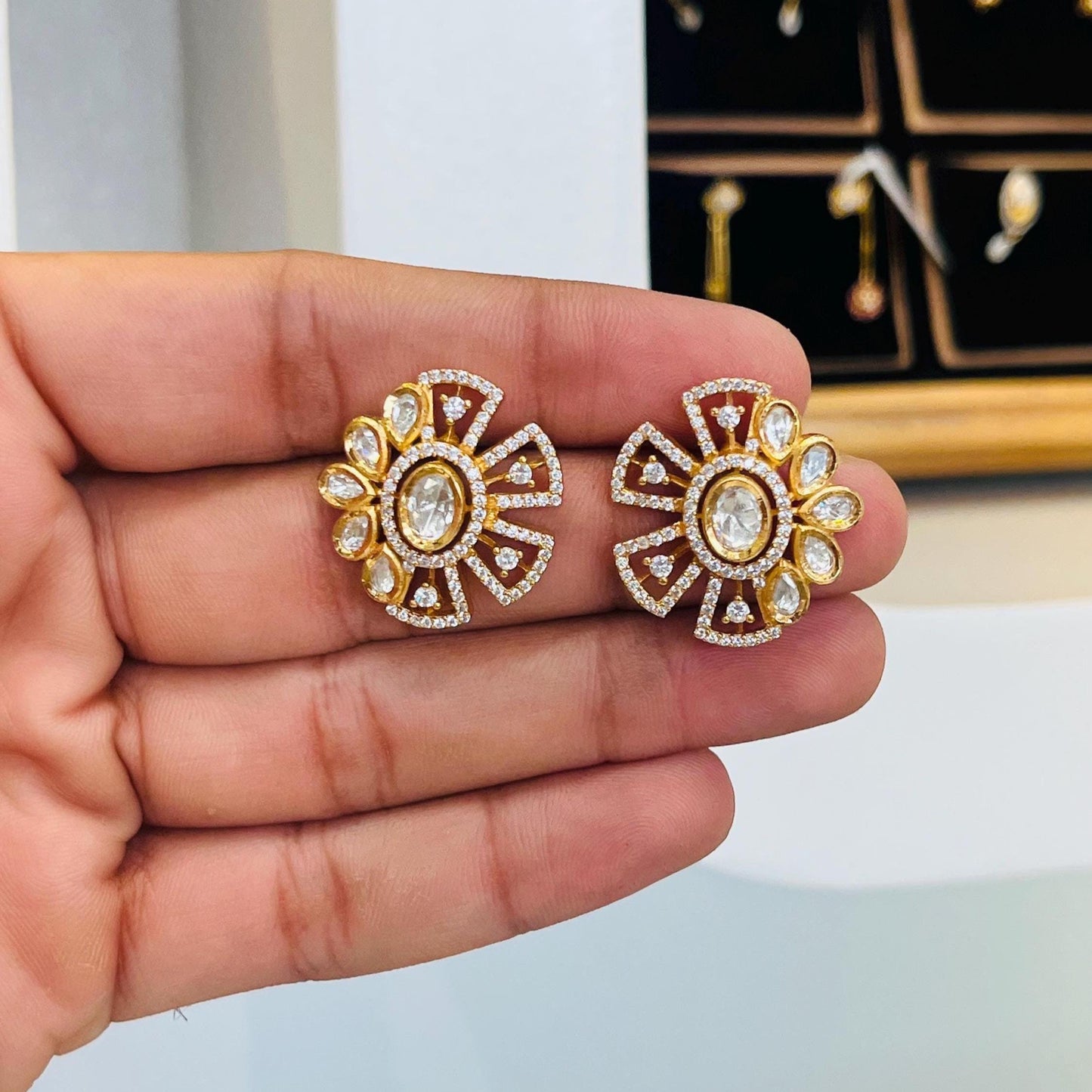 Sterling Silver Gold Polish Sunburst Stud Earrings | Elegant Floral Kundan Stones Jewelry for Special Occasions