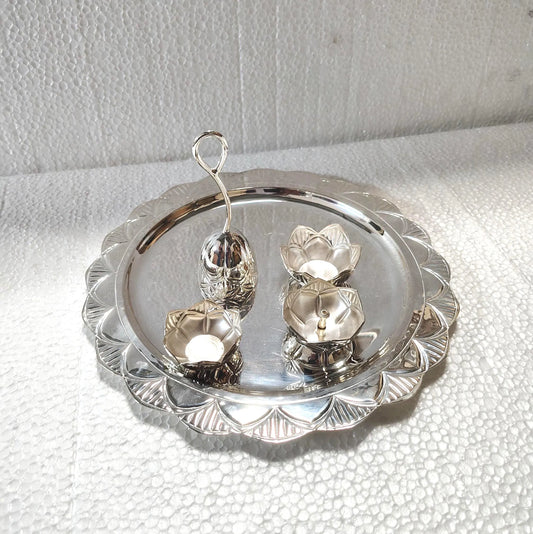 925 Silver Lotus Pooja Thali Set | Pure Silver Puja Plate with Diya, Bell & Katori | Handmade Silver Worship Set | Gift for Wedding